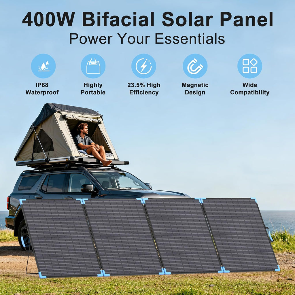 400W Bifacial Portable Solar Panel for Power Station, 23.5% High Efficiency ETFE Foldable Solar Charger for Camping Essentials,IP68 Waterproof 3 Reinforced Kickstands for RV Off-Grid Blackouts