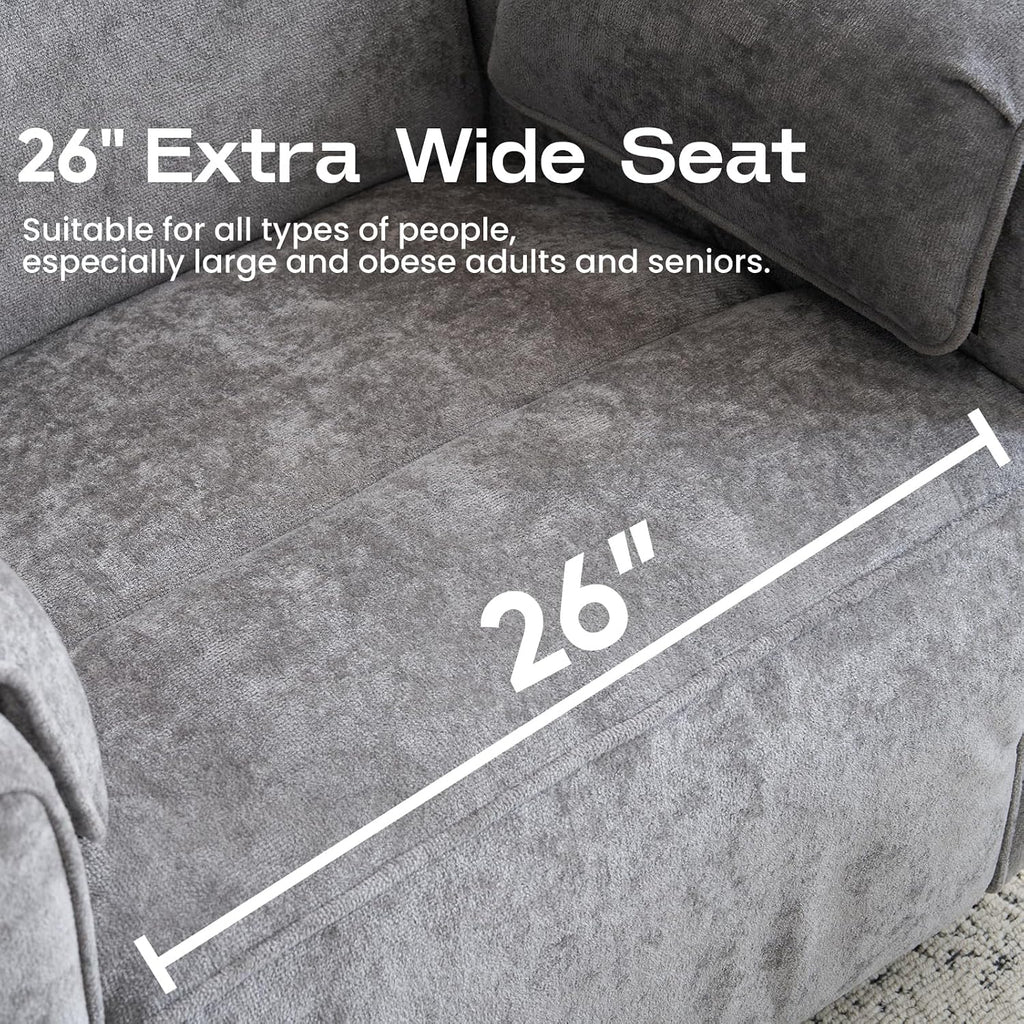 Oversized Power Recliner Chair with Adjustable Headrest, Swivel Rocking Recliner for Adults, 26' Extra Wide Glider Nursery Chair with Overstuffed Armrest for Living Room, USB Ports, Grey