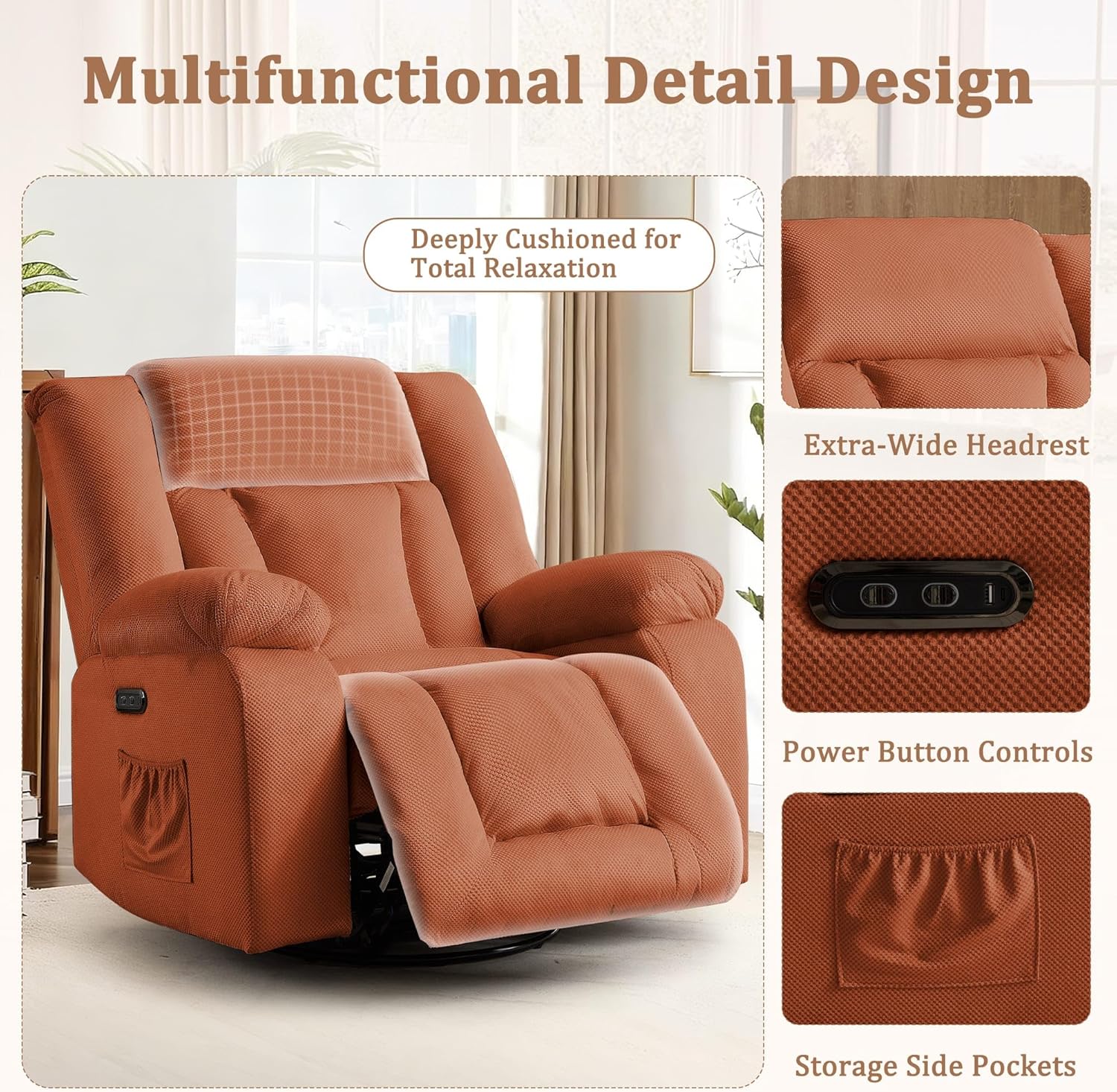 Korser Rocker Recliner Chairs for Adults, Swivel Rocking Chair with Heat and Massage, Modern Electric Recliner with Extra Wide, Waffle Fabric Massage Chair Recliner for Living Room, Bedroom
