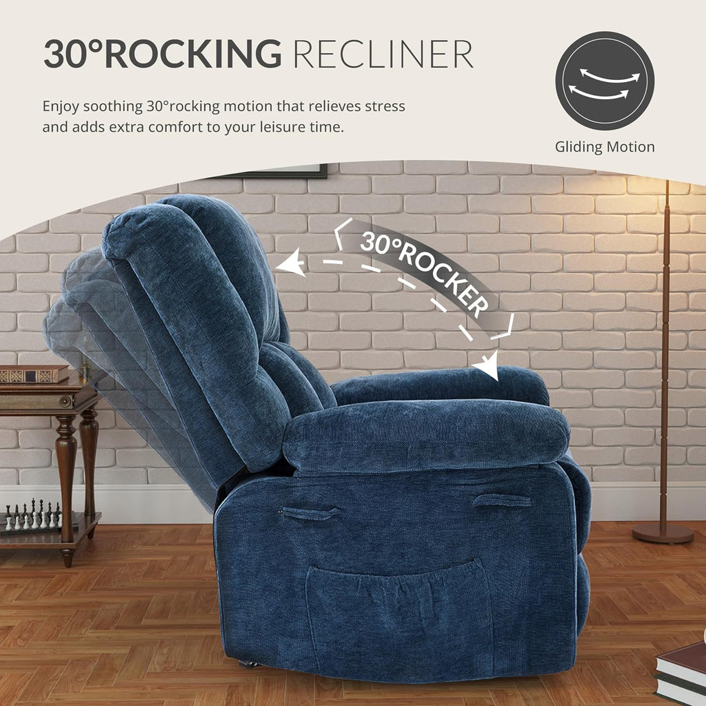 Velvet Rocker Recliner for Adults, Overstuffed Manual Recliner Chair with Spring Cushion, Rocking Chair with Side Pockets, Nursery Glider Recliner Single Sofa for Living Room (Medium, Blue)