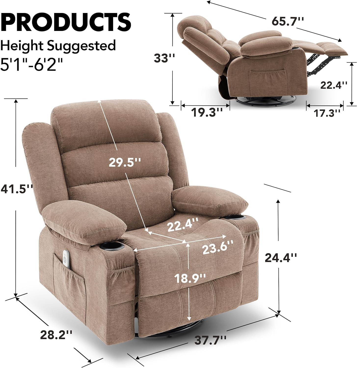 Rocker Recliner Chair with Heat and Massage, 360° Swivel Nursery Rocking Chairs for Adults, Oversized Recliner Single Sofa Seat with Cup Holders, Lazy Boy Recliner Single Sofa (Manual, Brown)