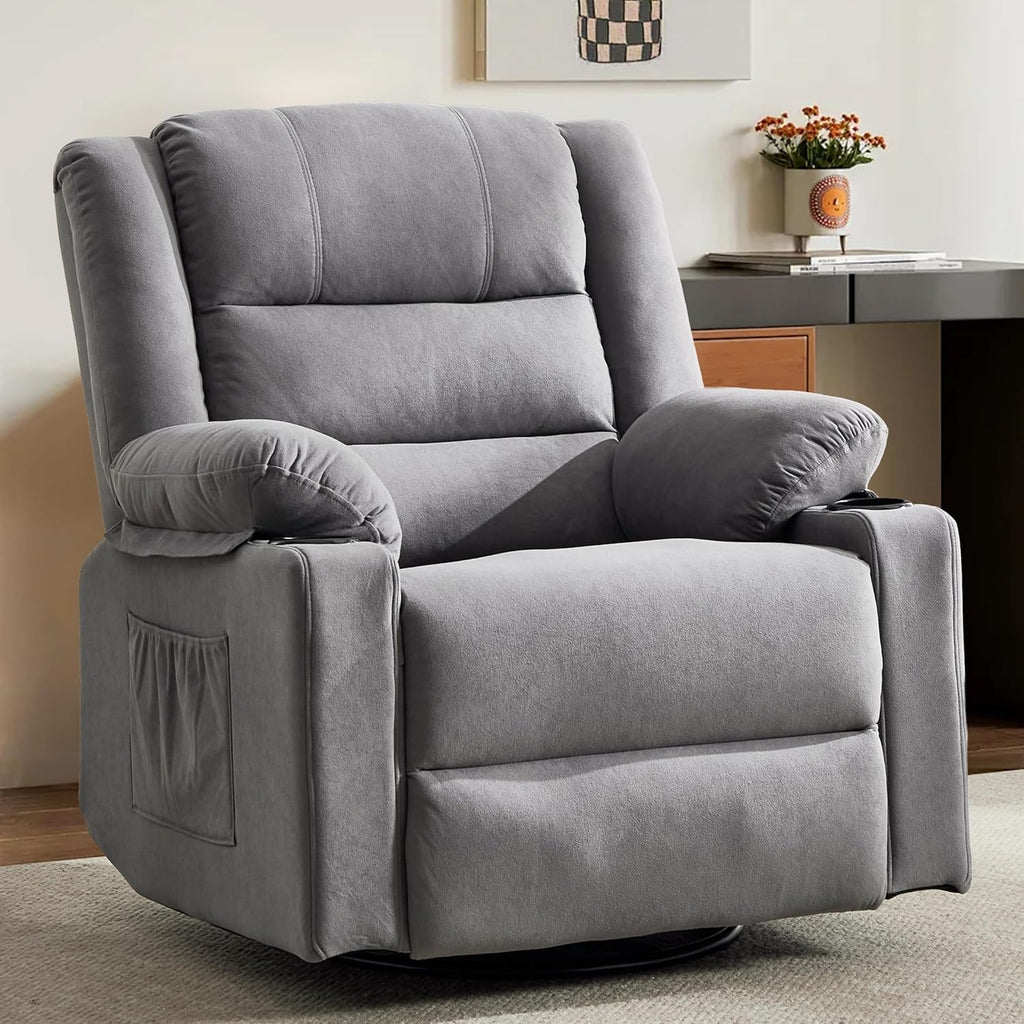 360°Swivel Rocker Recliner Chair for Adults,Manual Glider Recliner Sofa with Massage and Heating, Nursery Rocking Chairs with Cup Holds for Living Room Bedroom (Grey)
