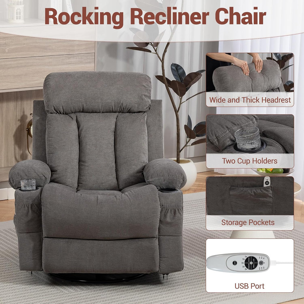 Swivel Recliner Chair for Adults w/Vibration Massage and Heating, 360° Rocker Glider Recliner w/Cup Holder and USB Charge Port for Living Room, Bedroom, Grey