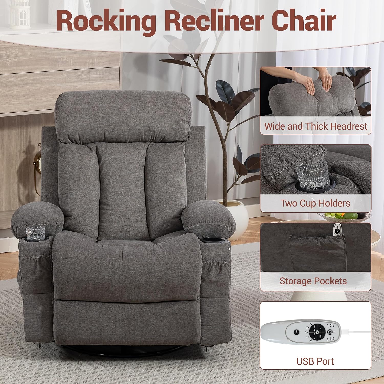 Swivel Recliner Chair for Adults w/Vibration Massage and Heating, 360° Rocker Glider Recliner w/Cup Holder and USB Charge Port for Living Room, Bedroom, Grey
