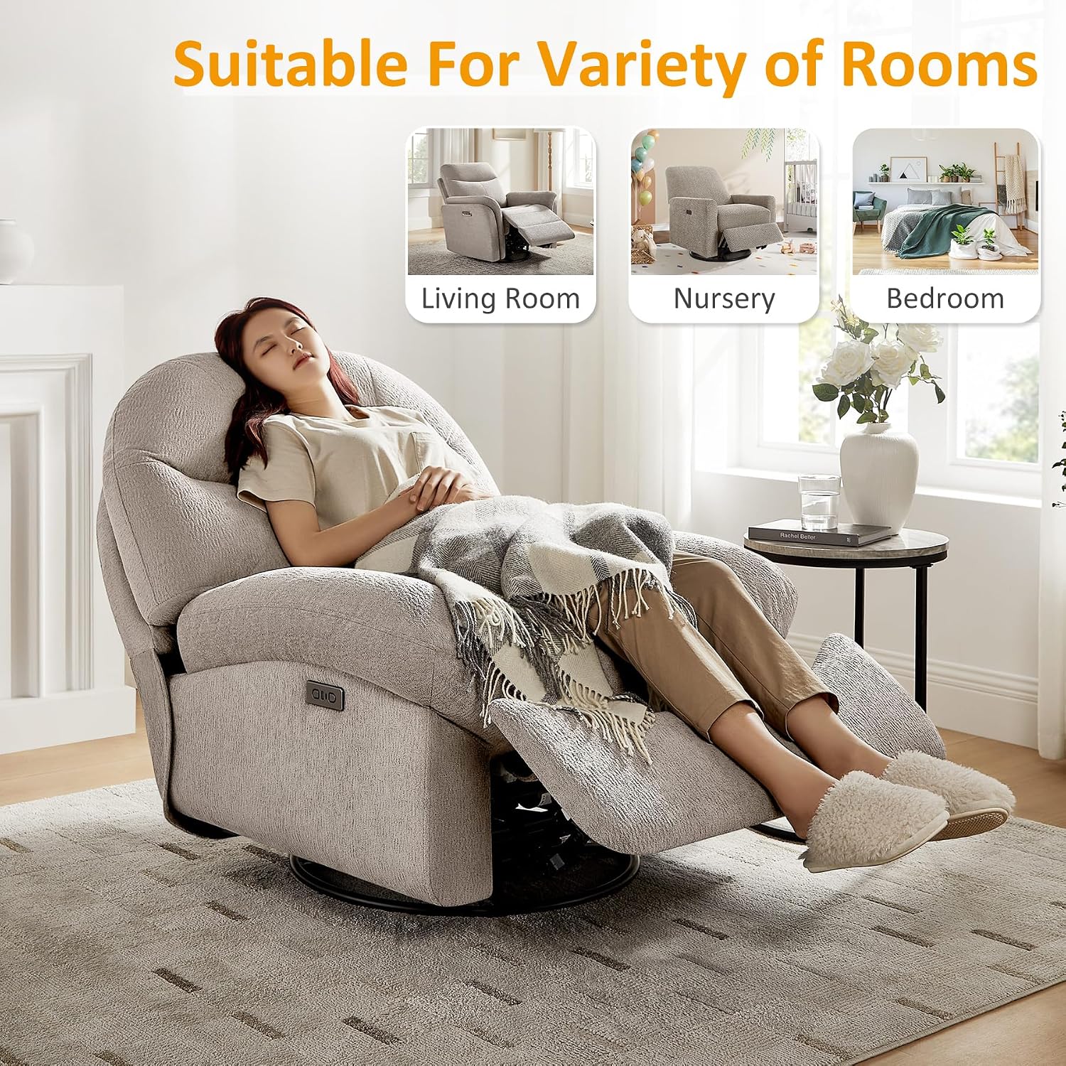 VANOMi Power Recliner Chair with USB & Type-C Charging, 270° Swivel Glider Rocker, Electric Nursery Recliner for Living Room, Bedroom, and Office, Camel