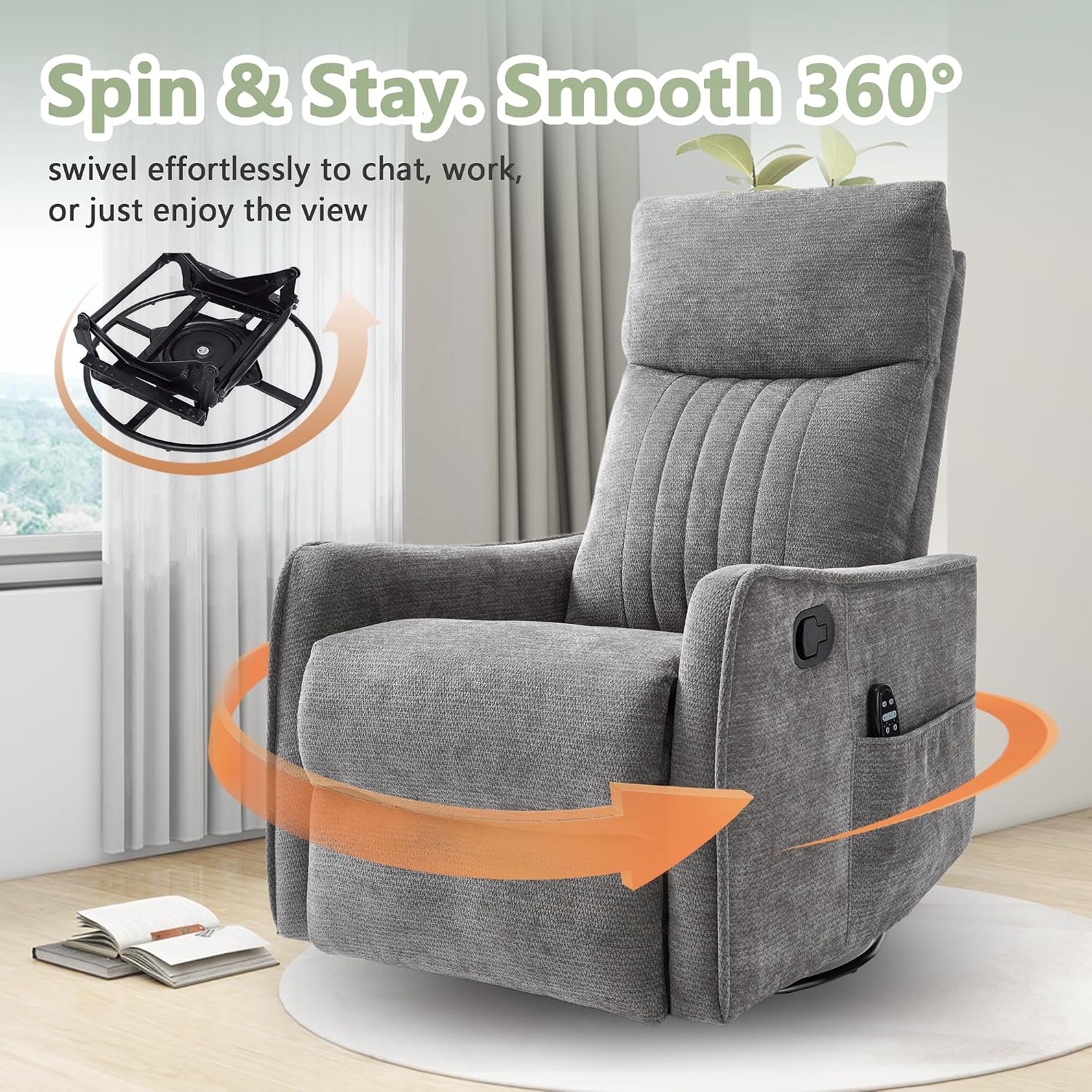 cinkehome Heated Massage Swivel Rocker Recliner Chair for Nursery - Small Space Reclining Chair with Lumbar Support, 360° Swivel & Gentle Rocking, Ergonomic High Back Chenille Fabric Gray