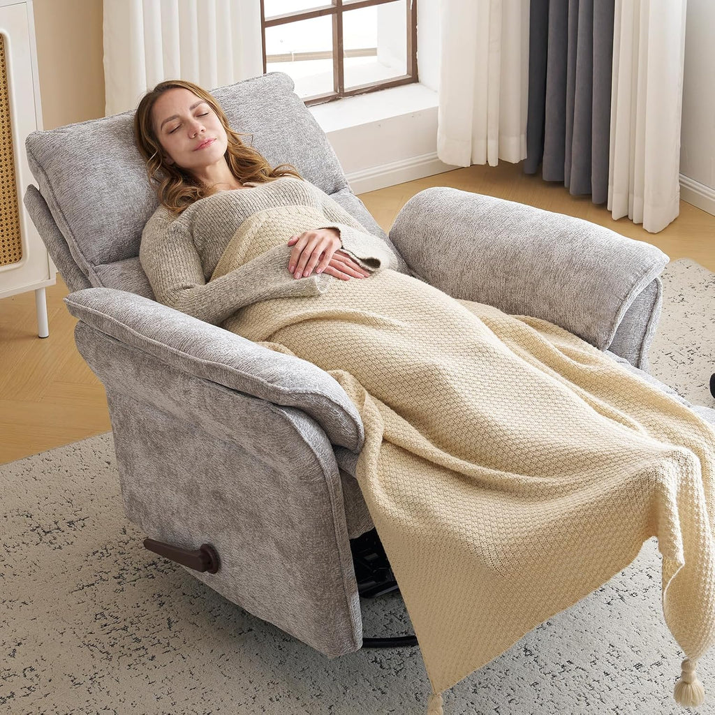 Oversized Glider Rocker Recliner, 26' Extra Wide 360° Swivel Nursery Recliner with Adjustable Headrest, Chenille Rocking Nursery Chair with Overstuffed Armrest, Lumbar Support, Light Grey