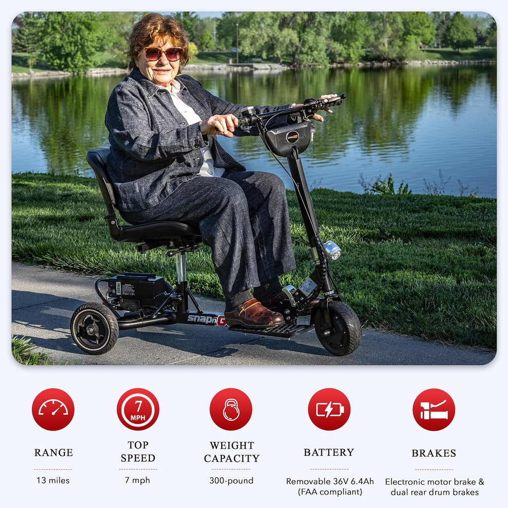 SNAPnGO Three Wheel Portable Mobility Scooter for Adults - Aircraft-Grade Aluminum, Top Speeds of 5 mph & 13-Mile Range - Folding & Foldable Scooter - Airline Approved Electric Sit Down Scooter