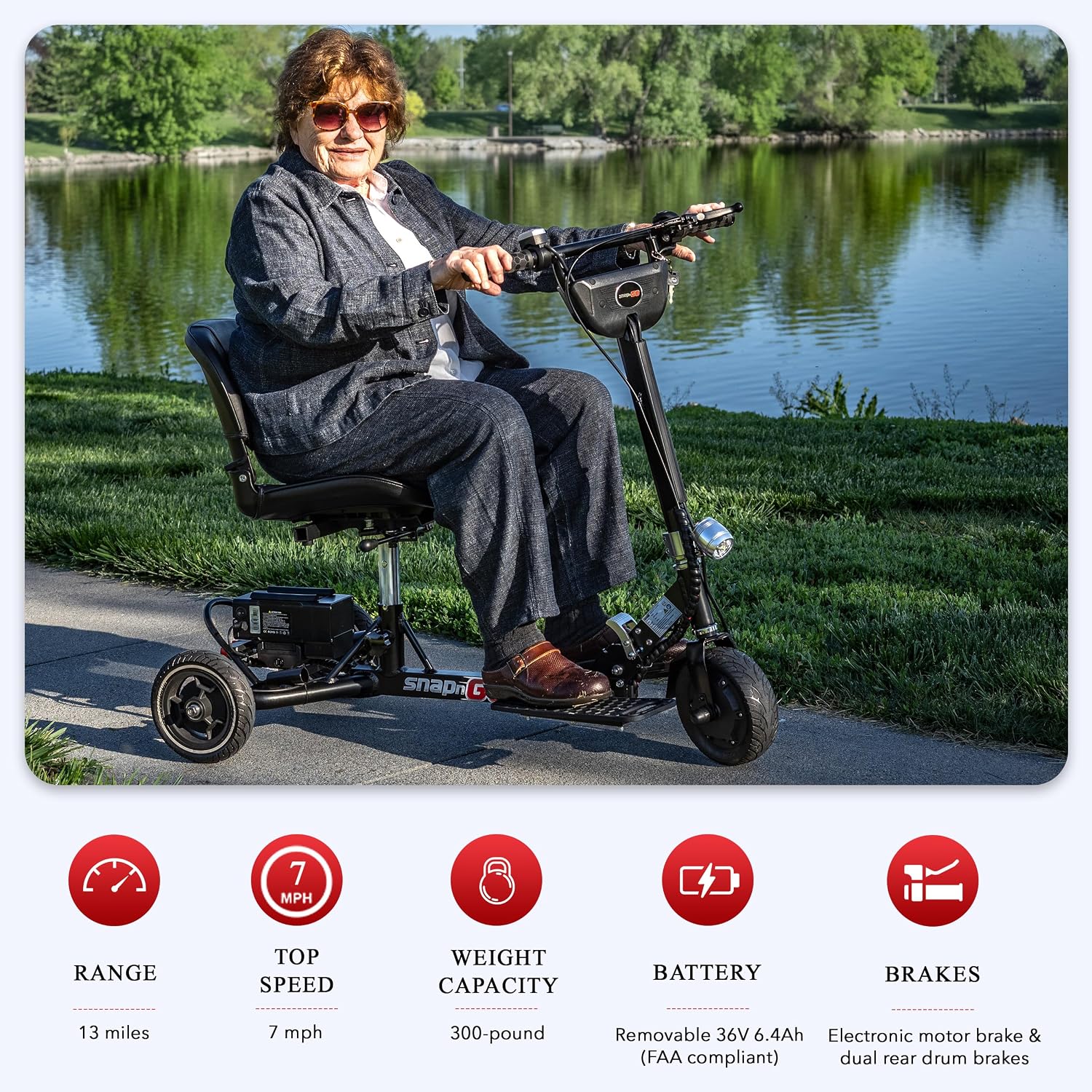 SNAPnGO Three Wheel Portable Mobility Scooter for Adults - Aircraft-Grade Aluminum, Top Speeds of 5 mph & 13-Mile Range - Folding & Foldable Scooter - Airline Approved Electric Sit Down Scooter