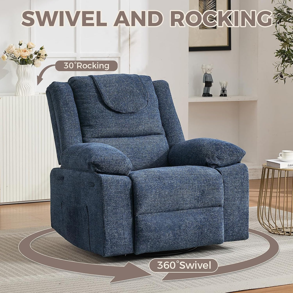 Rocking Nursery Glider Recliner Chair,360° Swivel Rock Recliner Chairs Single Sofa with Vibration Massage and Heating for Living Room/Bedroom,Blue