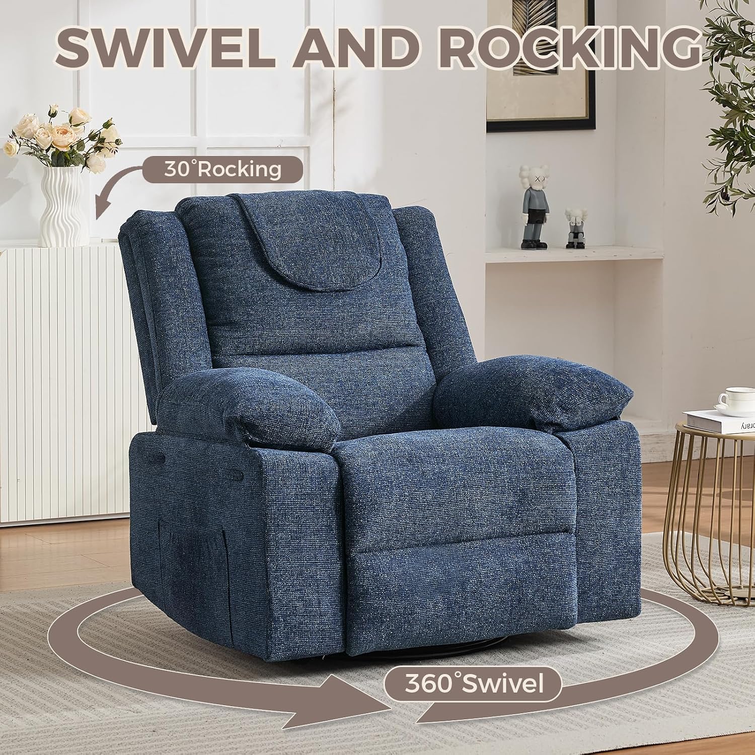 Rocking Nursery Glider Recliner Chair,360° Swivel Rock Recliner Chairs Single Sofa with Vibration Massage and Heating for Living Room/Bedroom,Blue