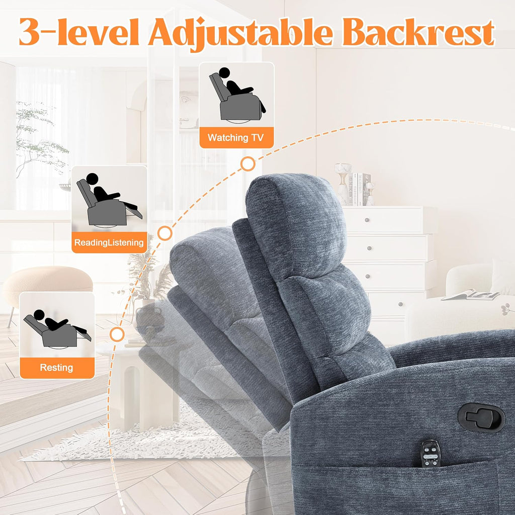 Luxlen Manual Swivel Rocker Recliner Chair with Massage, Overstuffed Recliner Glider with Vibration Massage and Heat for Nursery, Living Room Reclining Sofa Chair, Fabric Blue