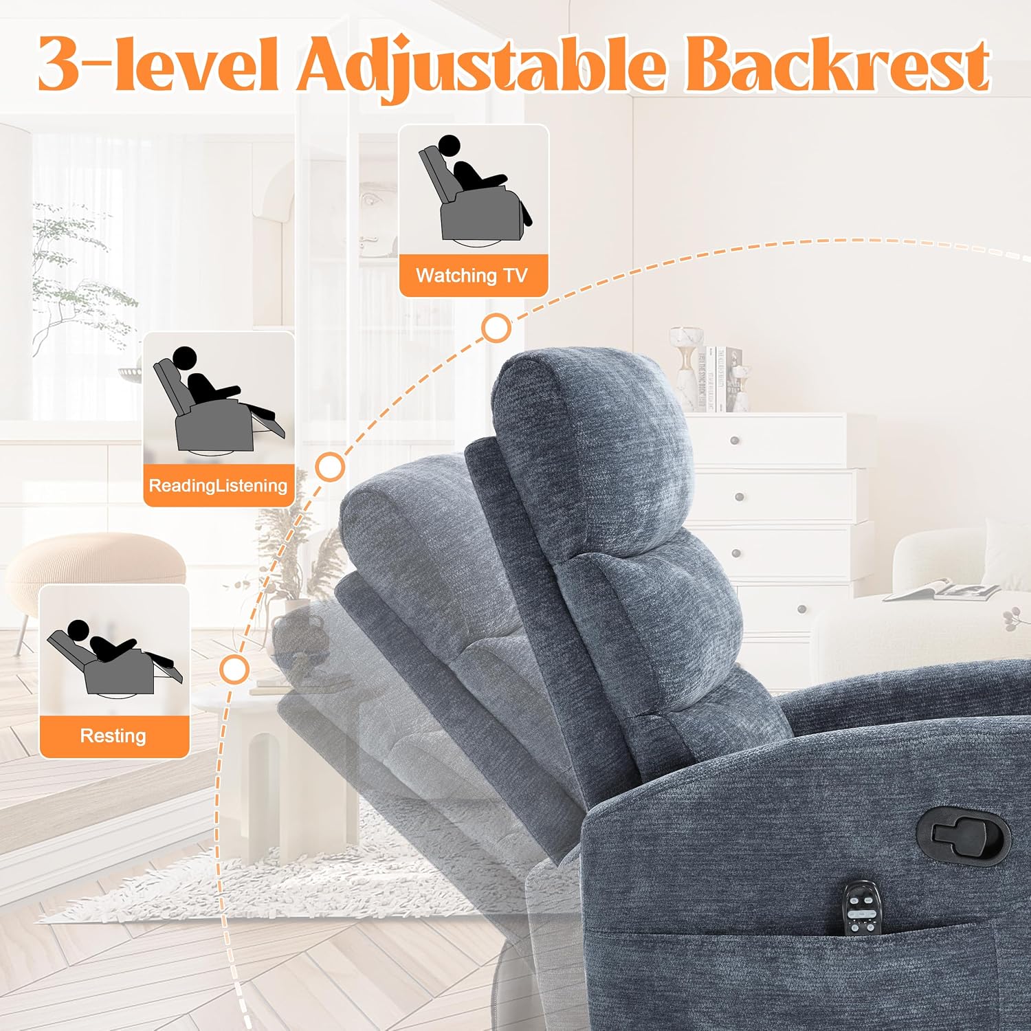 Luxlen Manual Swivel Rocker Recliner Chair with Massage, Overstuffed Recliner Glider with Vibration Massage and Heat for Nursery, Living Room Reclining Sofa Chair, Fabric Blue