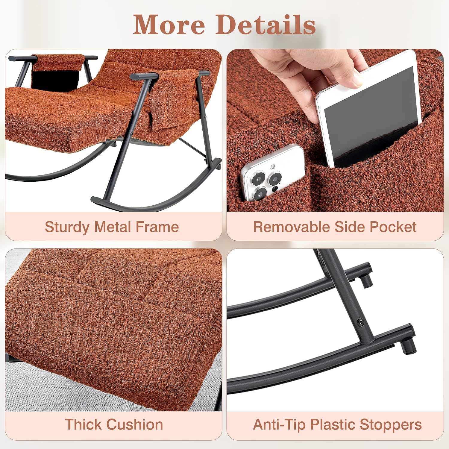 VECELO High Back Nursery Rocking Chair with Foot Rest, Teddy Upholstered Reclining Glider Rocker, Comfy Armchair Padded Seat Removable Side Pockets for Living Room, Bedroom, Balcony, Brown
