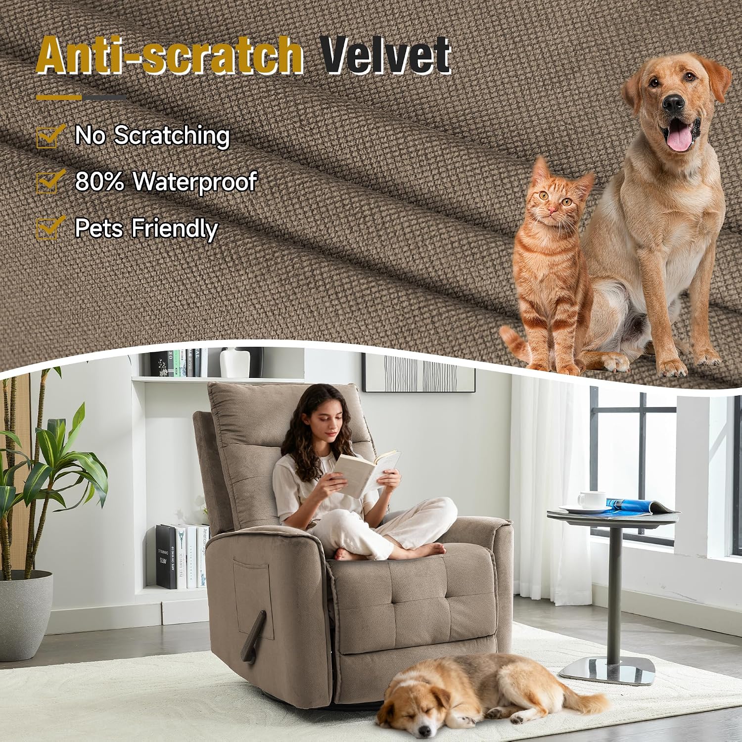 Swivel Rocker Recliner Chair for Adults, Glider Rocking Chair for Nursery, Small Recliner Chair for Small Spaces, RV, Living Room(Brown)