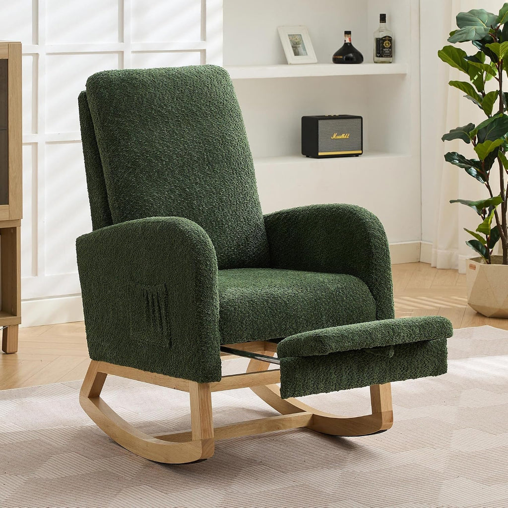 Aoiy & Wifon Rocking Chair Nursery, Modern Nursery Rocking Chairs with Side Pocket & Footrest, Upholstered Rocking Chair Nursery Glider, Boucle, Green