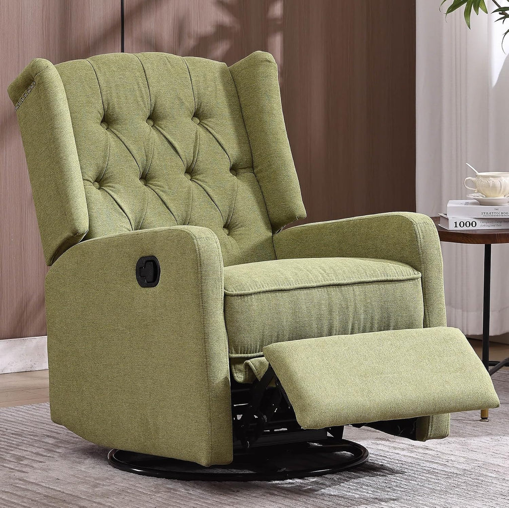 HRVEOCEI Glider Recliner Nursery Chair, Cozy Linen Rocking Chair Nursery Recliner with Adjustable Button Backrest and Footrest, Swivel Recliner Chair for Living Room, Bedroom, Office (Olive Green)