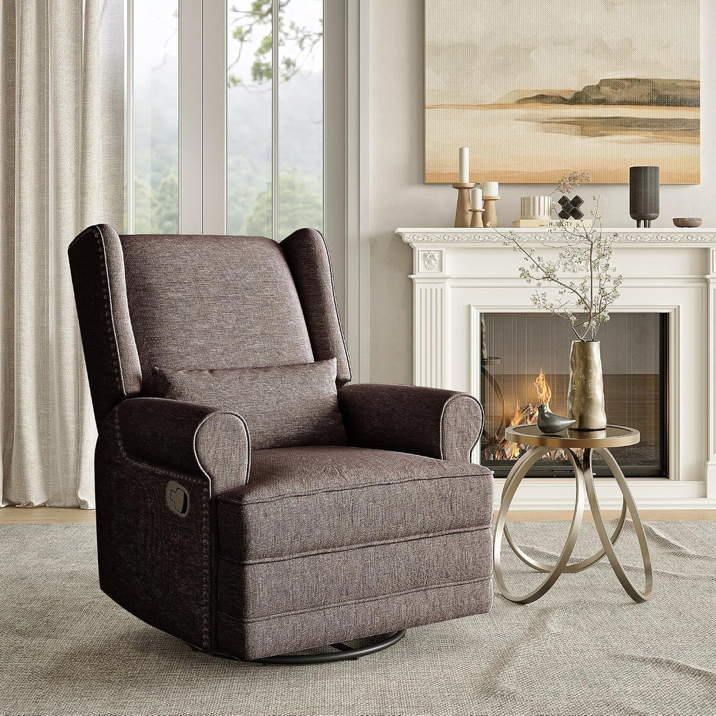 May in Color Nursery Glider Recliner, Comfy Upholstered Glider Chair with Lumbar Pillow and Footrest, Swivel Rocking Chair for Bedroom, Living Room, Brown
