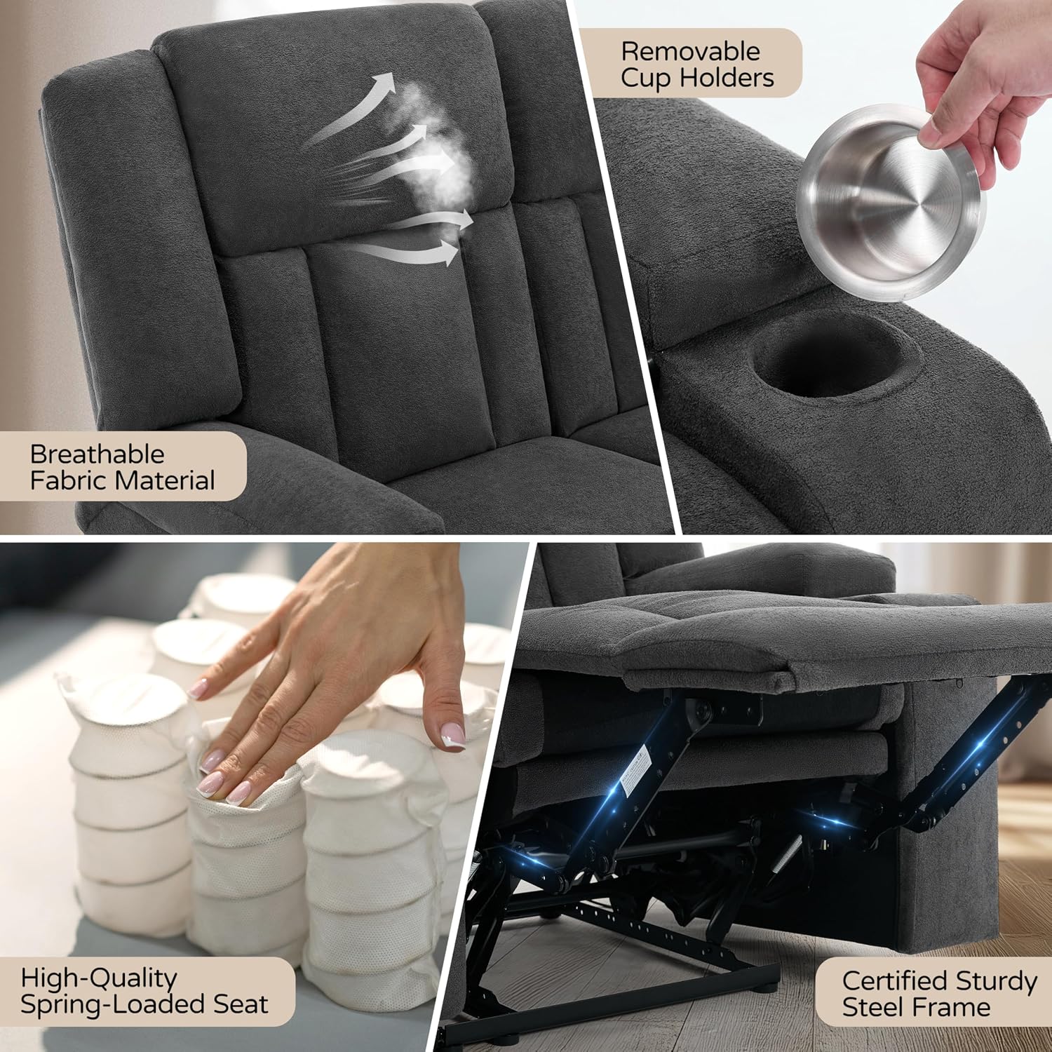 Recliner Sofa with Cup Holders, 3-Seater Fabric Reclining Couch, Manual Recliner Wall Hugger for Living Room, Home Theater, Small Spaces (Dark Gray)