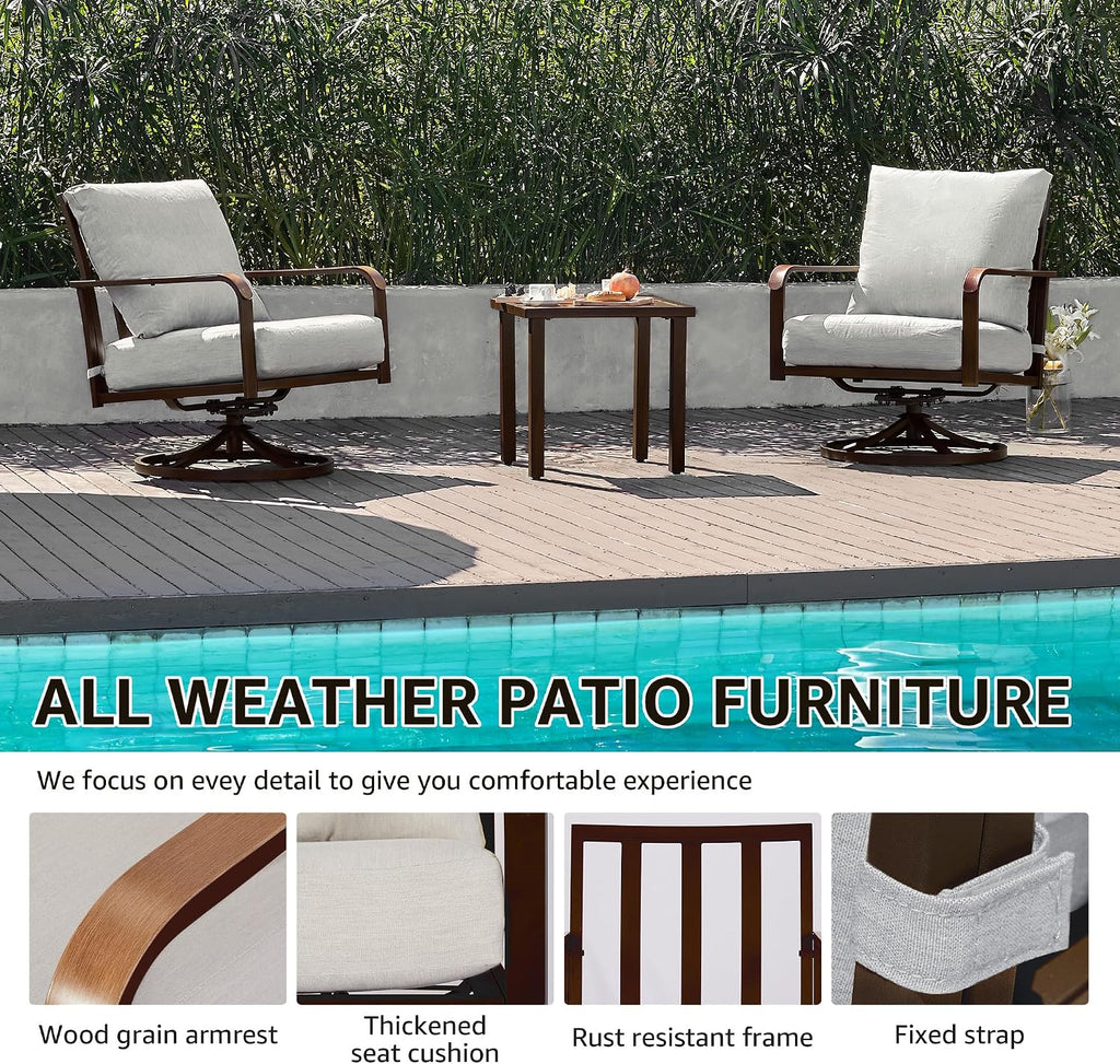 NATURAL EXPRESSIONS Outdoor Bistro Set,3 Piece Swivel Glider Rocking Chairs Patio Conversation Furniture Set with 2 Rockers,Metal Table,6' Thick Cushions for Backyard, Porch,Balcony,350lbs (Off-white)