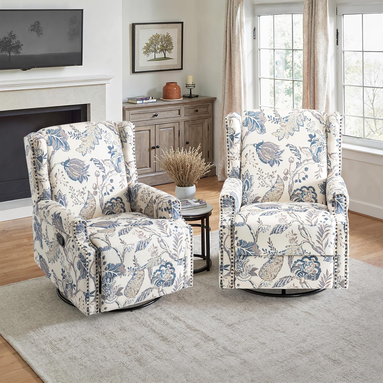 Lumibee Swivel Rocker Recliner Chair Set of 2, Printed Fabric Swivel Glider Rocking Chair with High Back, Upholstered Deep Seat Wingback Recliner Chair for Living Room Bedroom, Plants Blue