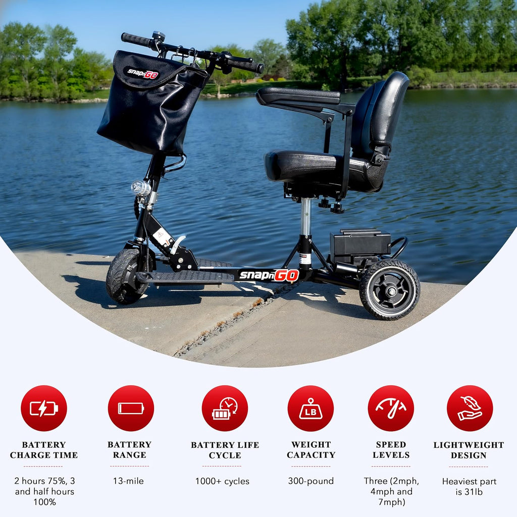 SNAPnGO Three Wheel Portable Mobility Adult Scooter - Aircraft-Grade Aluminum Frame for Top Speeds of 5mph and 13-Mile Range - Folding Feature, 250W Motor, Quick Charge 36V Lightweight Battery
