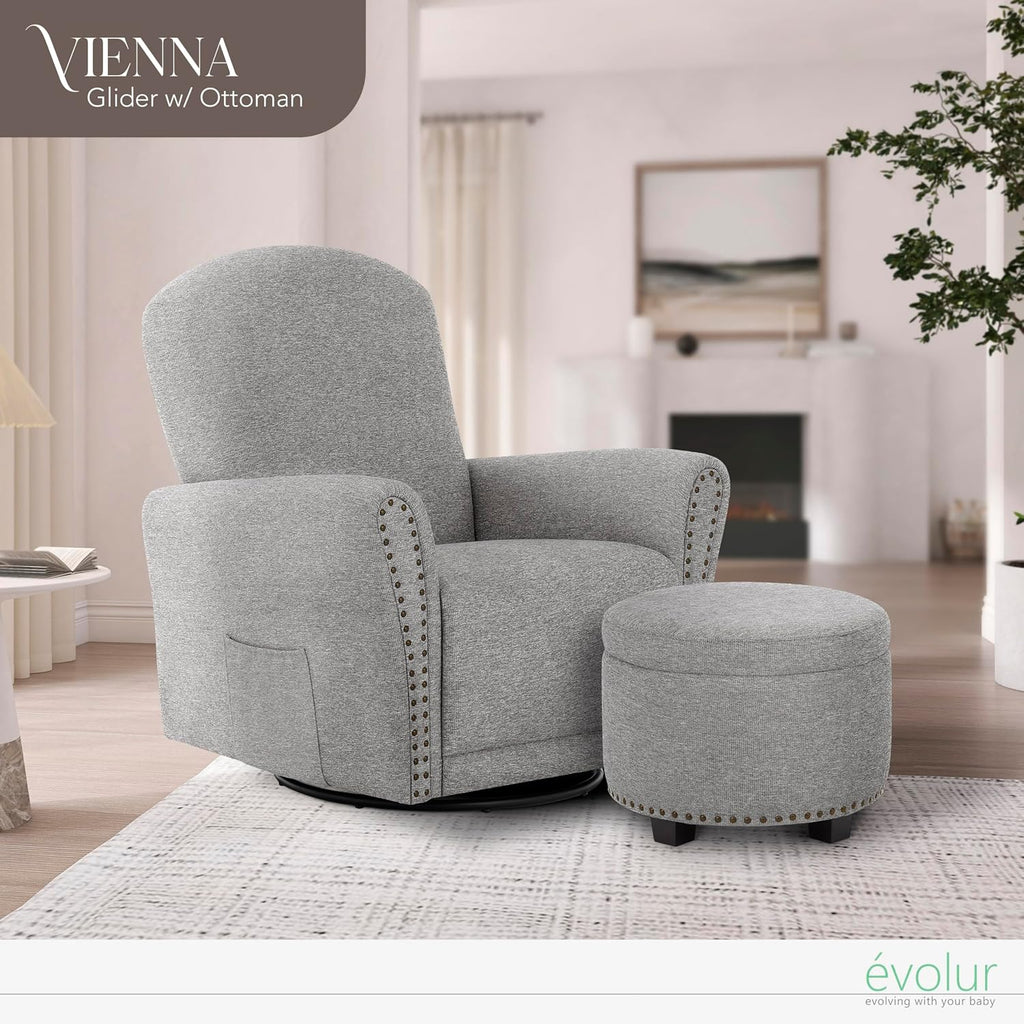 Evolur Vienna Swivel Glider with Ottoman, FSC Certified, Greenguard Gold and JPMA Certified Glider Rocking Chair, 360° Swivel Motion, Ergonomic Design Nursery Glider, Cobblestone