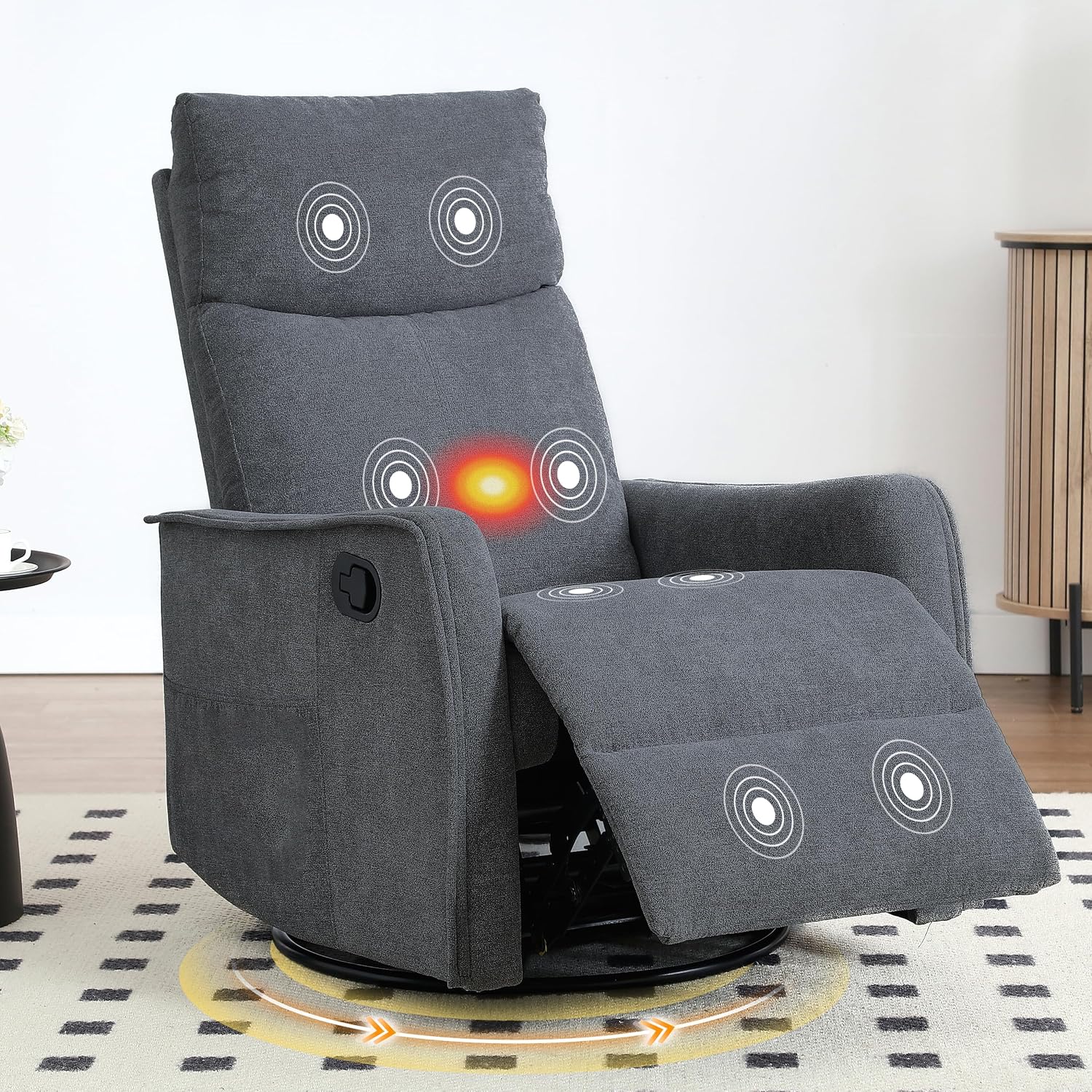 Manual 360° Swivel Rocker Recliner Chair for Adults, Overstuffed Glider Chair for Nursery with Vibration Massage and Heat, Comfy Soft Fabric Glider with Side Pockets for Living Room, Dark Gray