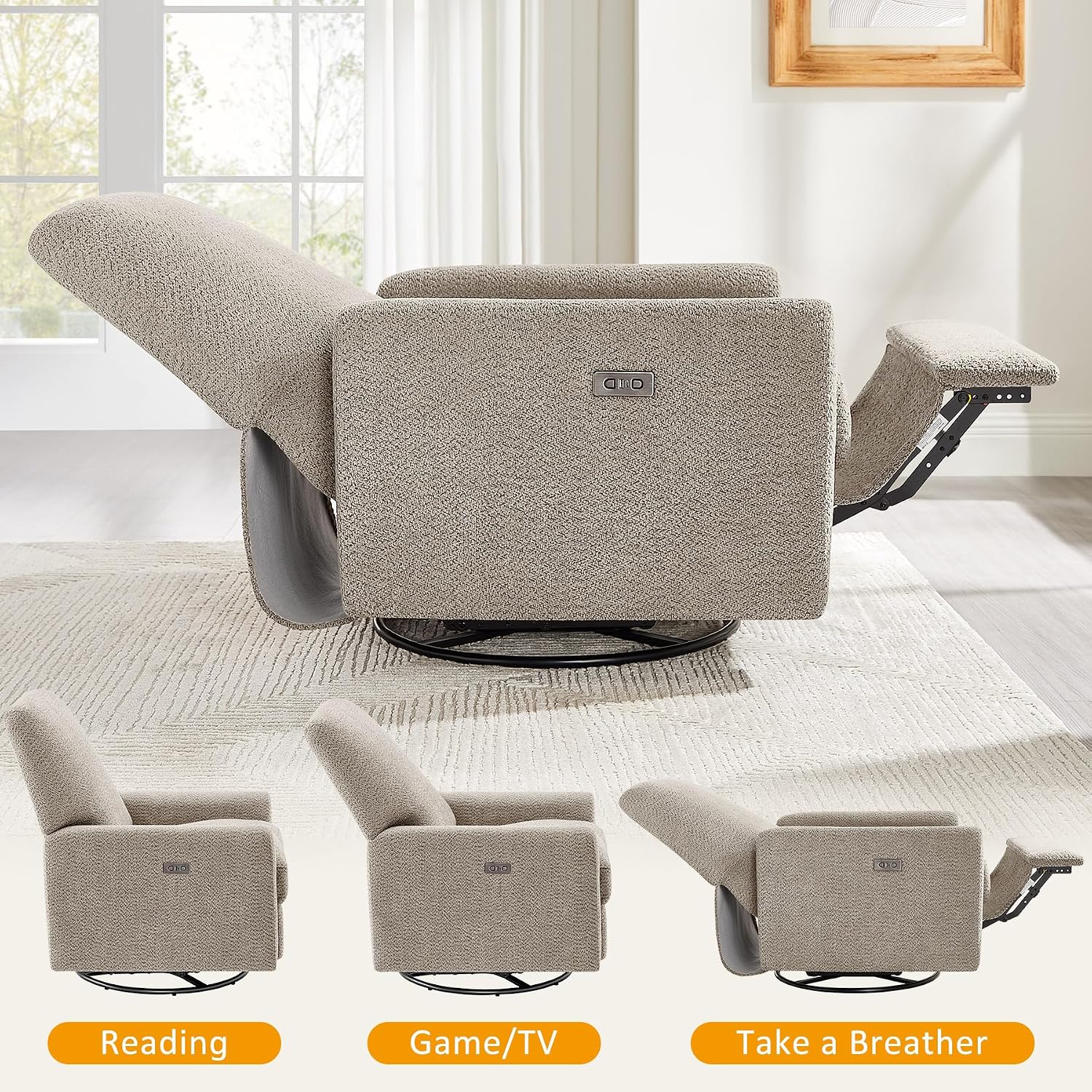 VANOMi Power Recliner Chair, 270° Swivel Nursery Chair with USB Charging Port Comfy Boucle Glider Rocking Chairs for Living Room, Nursery, Bedroom, Camel