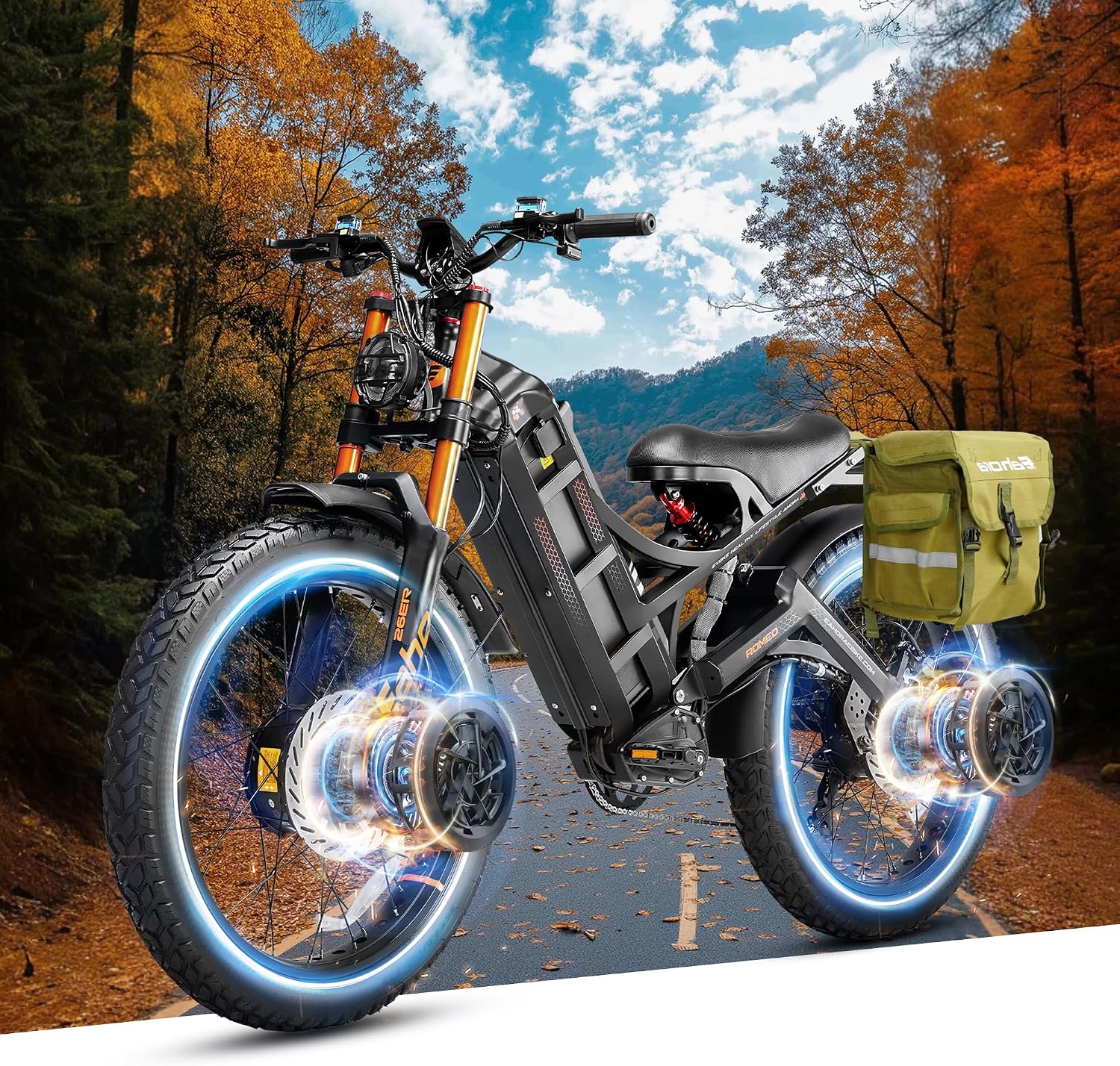 eAhora 2025 Romeo Pro 2 Electric Bike for Adults 4000W Dual Motor Electric Bicycle 46MPH 52V 70Ah 200+Miles Long Range 26 * 4.0 Fat Tire Full Suspension Electric Mountain Bike with Rack+Bag Black