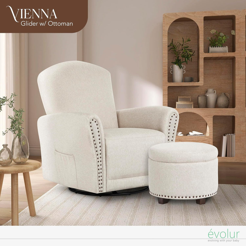 Evolur Vienna Swivel Glider with Ottoman, FSC Certified, Greenguard Gold and JPMA Certified Glider Rocking Chair, 360° Swivel Motion, Ergonomic Design Nursery Glider, Sweet Cream