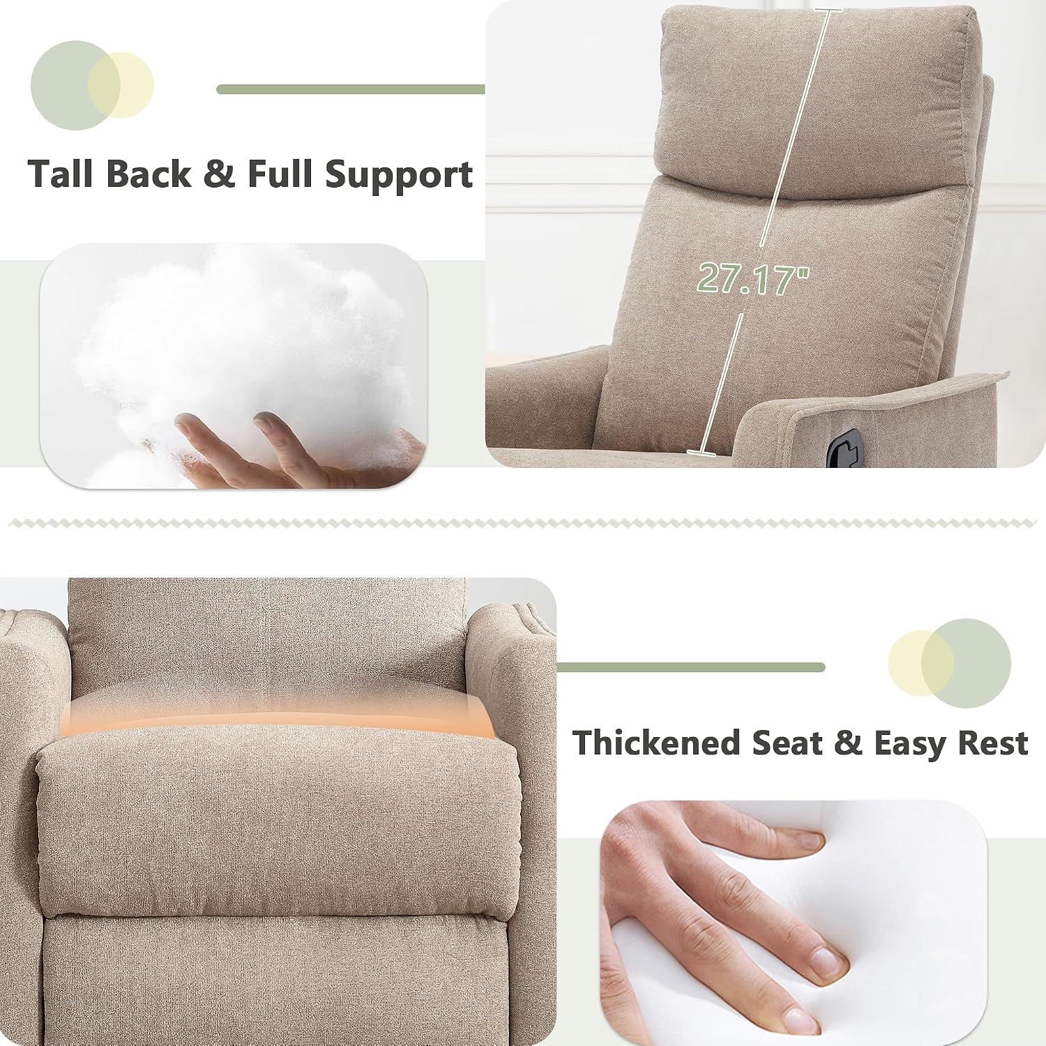 cinkehome Swivel Rocker Recliner Chair with Heated Massage, Rocking Reclining Chairs for Nursery, Small Spaces, High Back, Side Pocket