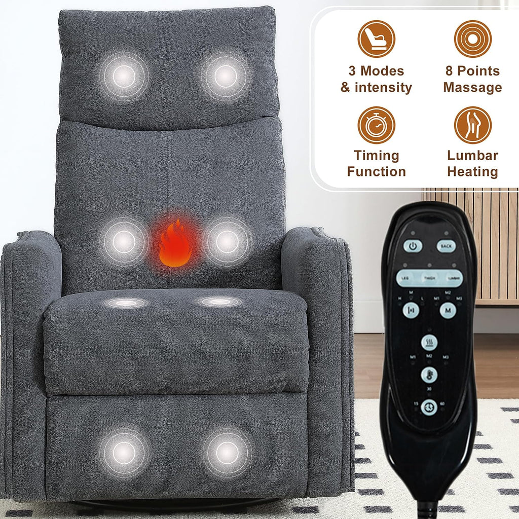 cinkehome Swivel Rocker Recliner, Glider Rocker Recliner Chair for Nursery, Manual Reclining Chair with Heated Massage, Small Spaces, Living Room, Linen Dark Grey