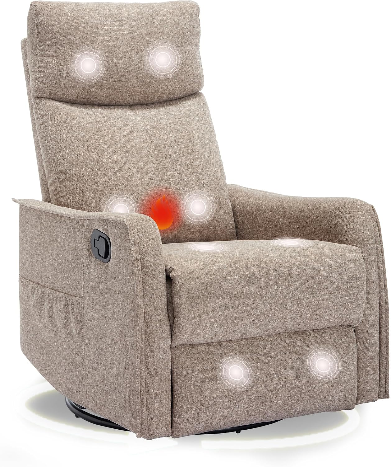 cinkehome Swivel Rocker Recliner Chair with Heated Massage, Rocking Reclining Chairs for Nursery, Small Spaces, High Back, Side Pocket