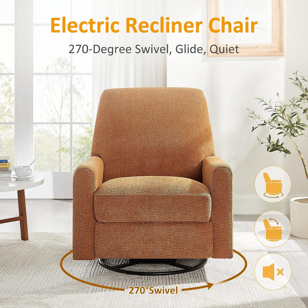 VANOMi Power Recliner Chair, 270° Swivel Nursery Chair with USB Charging Port Comfy Boucle Glider Rocking Chairs for Living Room, Nursery, Bedroom, Curry