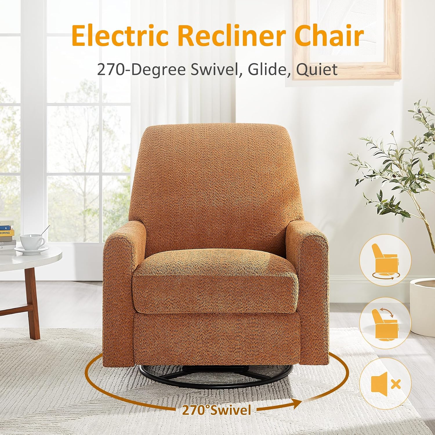 VANOMi Power Recliner Chair, 270° Swivel Nursery Chair with USB Charging Port Comfy Boucle Glider Rocking Chairs for Living Room, Nursery, Bedroom, Curry