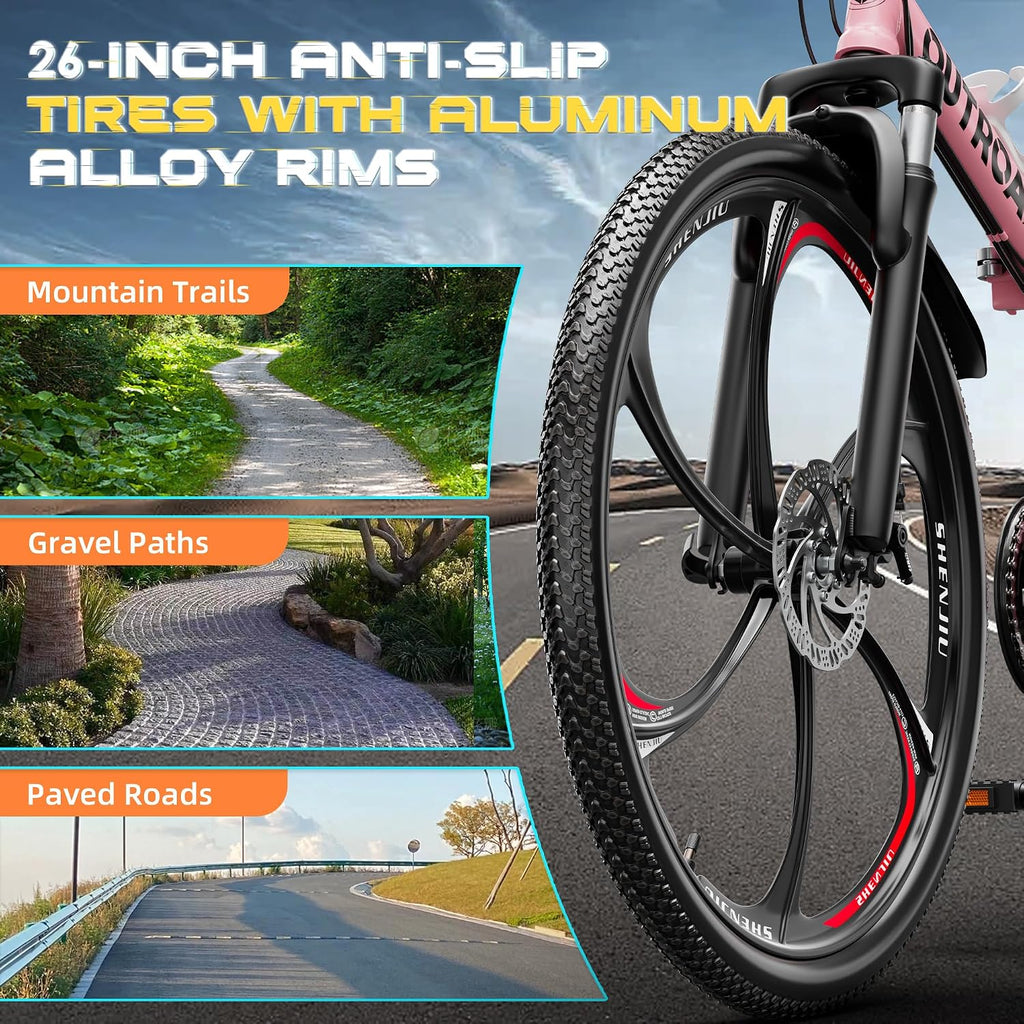 26 Inch Folding Mountain Bike with High Carbon Steel, 21 Speed City Bike with Dual Suspension, Folding Bicycle for Adults Men and Women