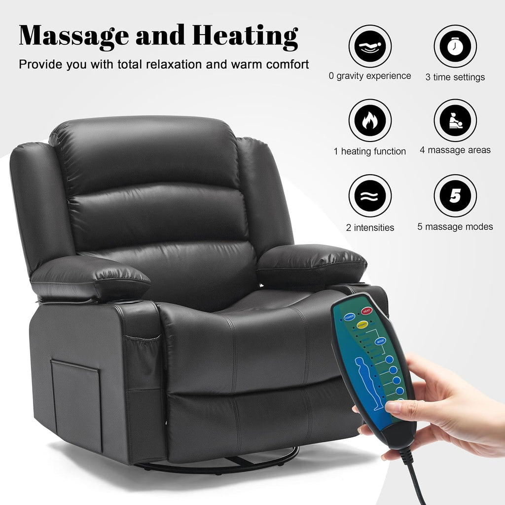 Oversized Nursery Rocking Chairs with Heat and Massage, 360° Swivel Recliner Chair for Adults, Recliner Single Sofa Seat with Cup Holders, Lazy Boy Recliner Single Sofa (Oversized Manual, Black)