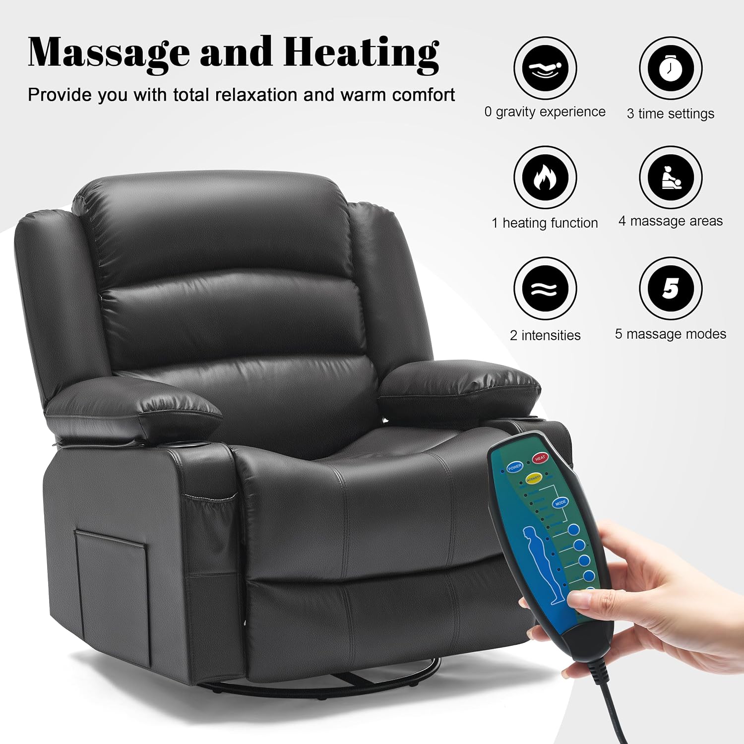 Oversized Nursery Rocking Chairs with Heat and Massage, 360° Swivel Recliner Chair for Adults, Recliner Single Sofa Seat with Cup Holders, Lazy Boy Recliner Single Sofa (Oversized Manual, Black)