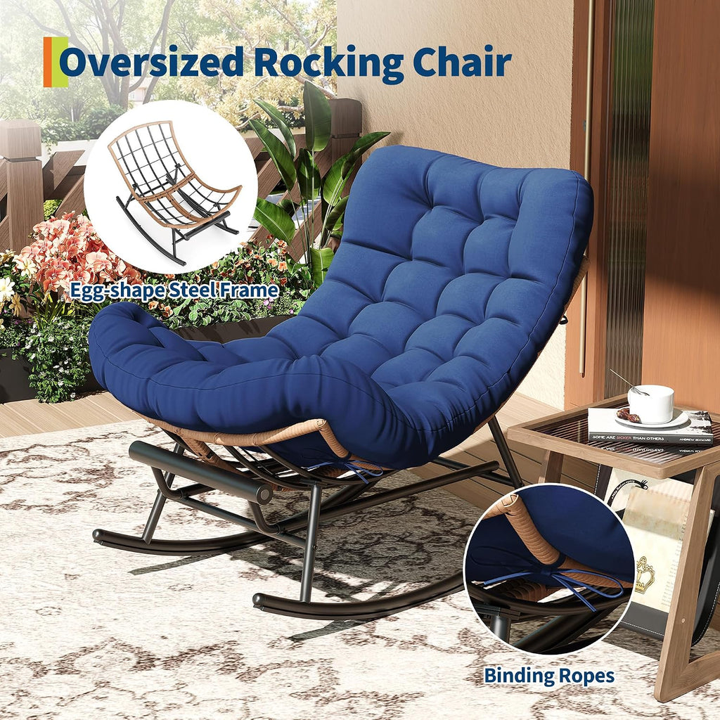 Garvee Outdoor Rocking Chair with Footrest, Oversized Patio Papasan Chairs with Cushion, Modern Lounge Rocker Chair for Indoor Living Room Garden Porch Balcony, Blue