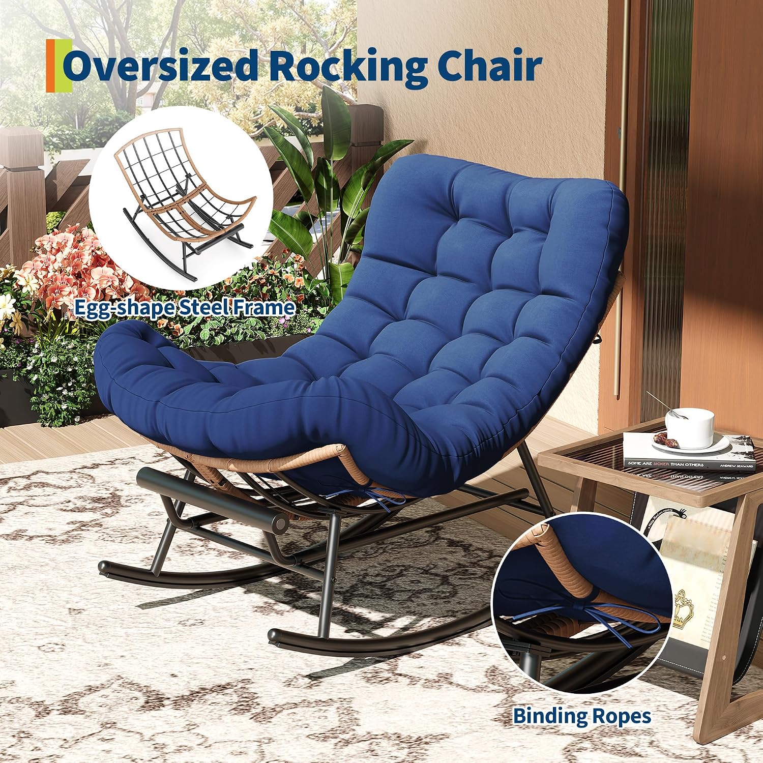 Garvee Outdoor Rocking Chair with Footrest, Oversized Patio Papasan Chairs with Cushion, Modern Lounge Rocker Chair for Indoor Living Room Garden Porch Balcony, Blue