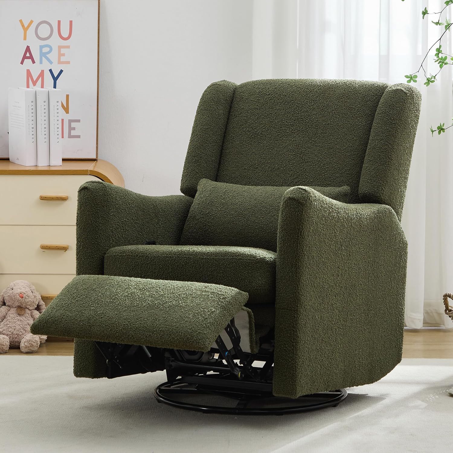 JIVOIT Modern Swivel Rocker Recliner Chair, 29.5'' Wide Wingback Swivel Rocker Recliner Chair, Linen Fabric Rocking Chair Nursery Chair for Living Room, Apartment (Seaweed Green/79)