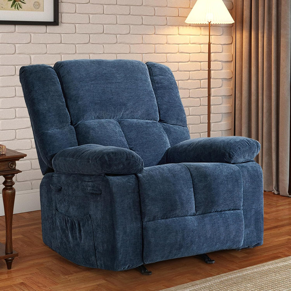 Velvet Rocker Recliner for Adults, Overstuffed Manual Recliner Chair with Spring Cushion, Rocking Chair with Side Pockets, Nursery Glider Recliner Single Sofa for Living Room (Medium, Blue)