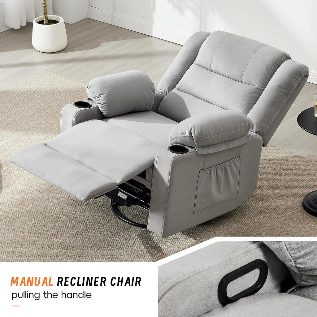 360°Swivel Rocker Recliner Chair for Adults,Manual Glider Recliner Sofa with Massage and Heating, Nursery Rocking Chairs with Cup Holds for Living Room Bedroom (Light Gray)