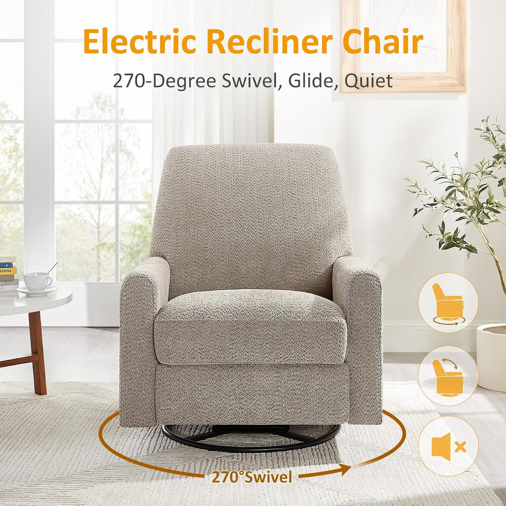 VANOMi Power Recliner Chair, 270° Swivel Nursery Chair with USB Charging Port Comfy Boucle Glider Rocking Chairs for Living Room, Nursery, Bedroom, Camel