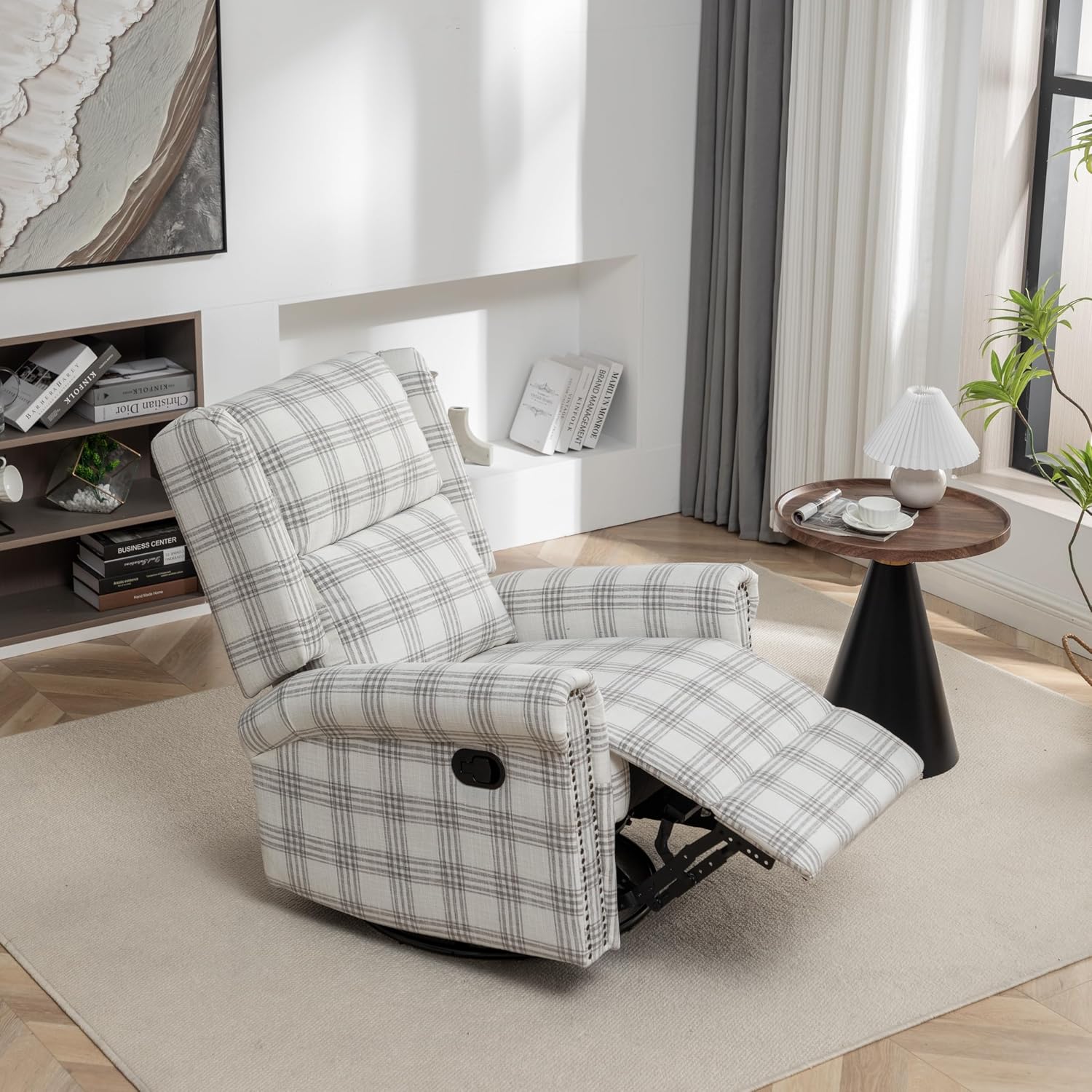 Swivel Rocker Recliner Chair, Manual Rocking Recliner Chair, Wingback Swivel Recliner Chair, Glider 360 Degree Swivel Chair with Padded Seat, Swivel Recliner Chairs for Living Room - Grey