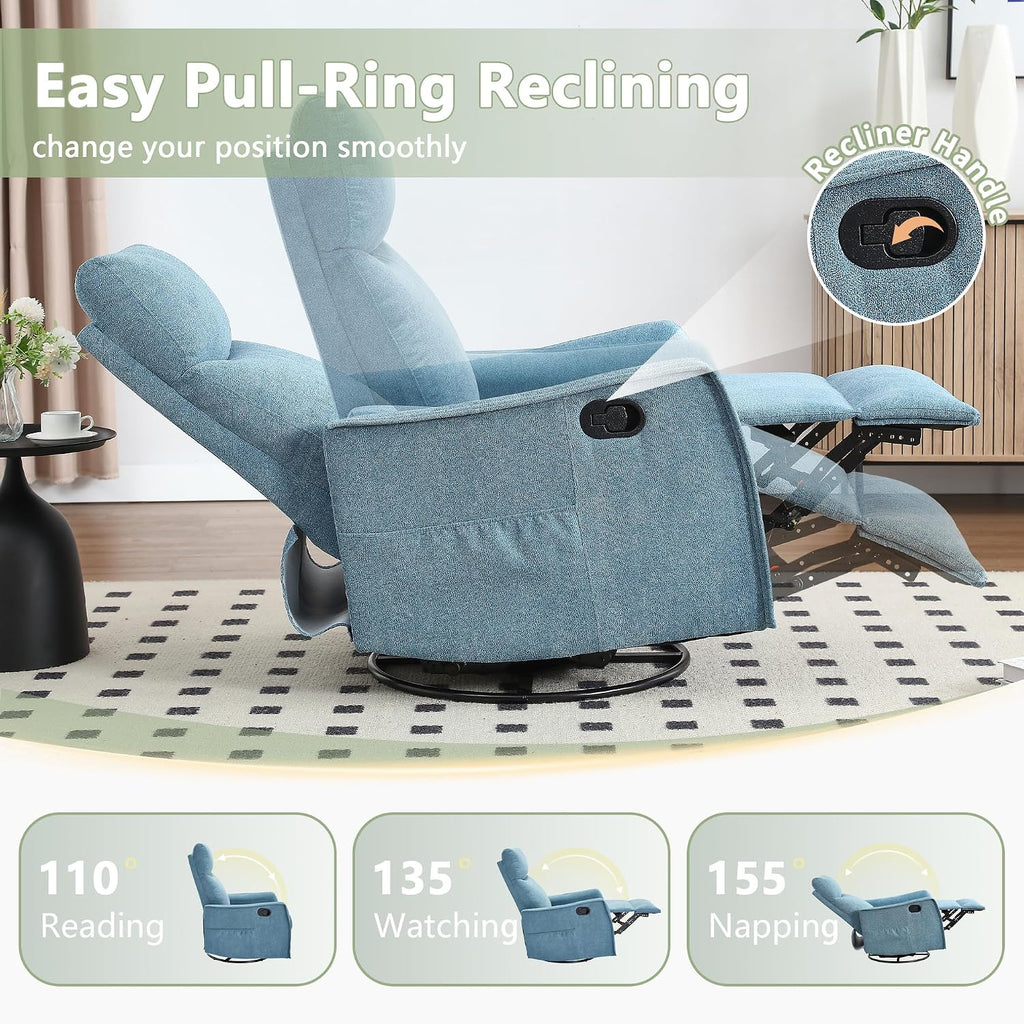 cinkehome Swivel Rocker Recliner Chair with Heated Massage, Rocking Reclining Chairs for Nursery, Small Spaces, High Back, Side Pocket