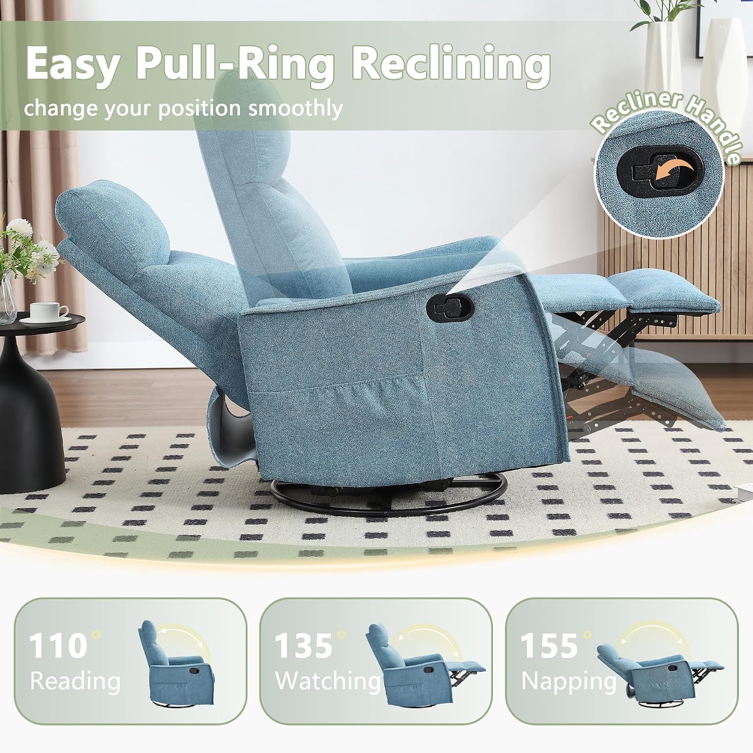 cinkehome Swivel Rocker Recliner Chair with Heated Massage, Rocking Reclining Chairs for Nursery, Small Spaces, High Back, Side Pocket