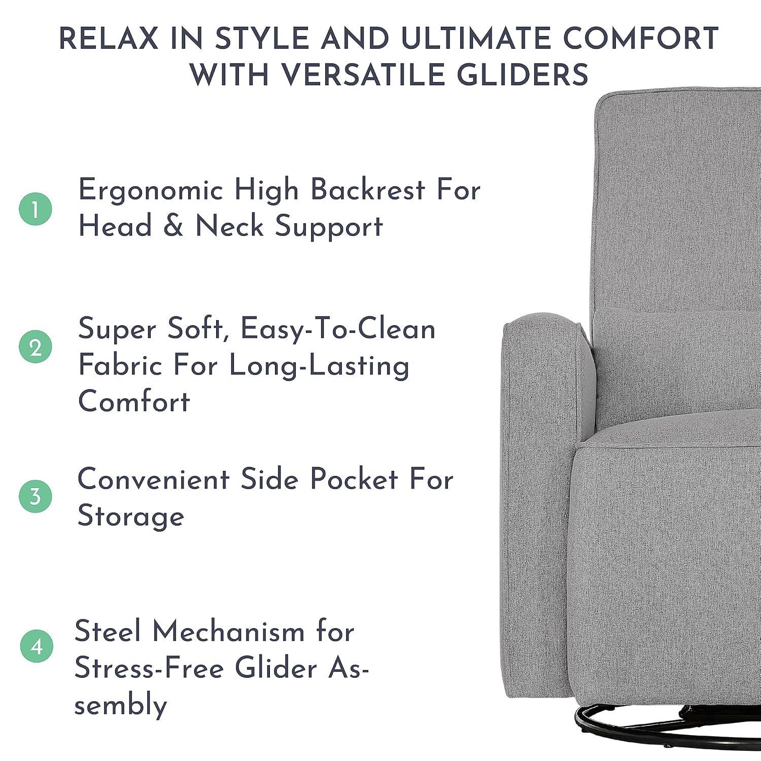 Evolur Holland Upholstered Plush Seating Glider Swivel, Glider Chair for Nursery in Light Grey, Modern Nursery Glider, Tool-Free Assembly, Easy to Clean, Environmentally Conscious Glider