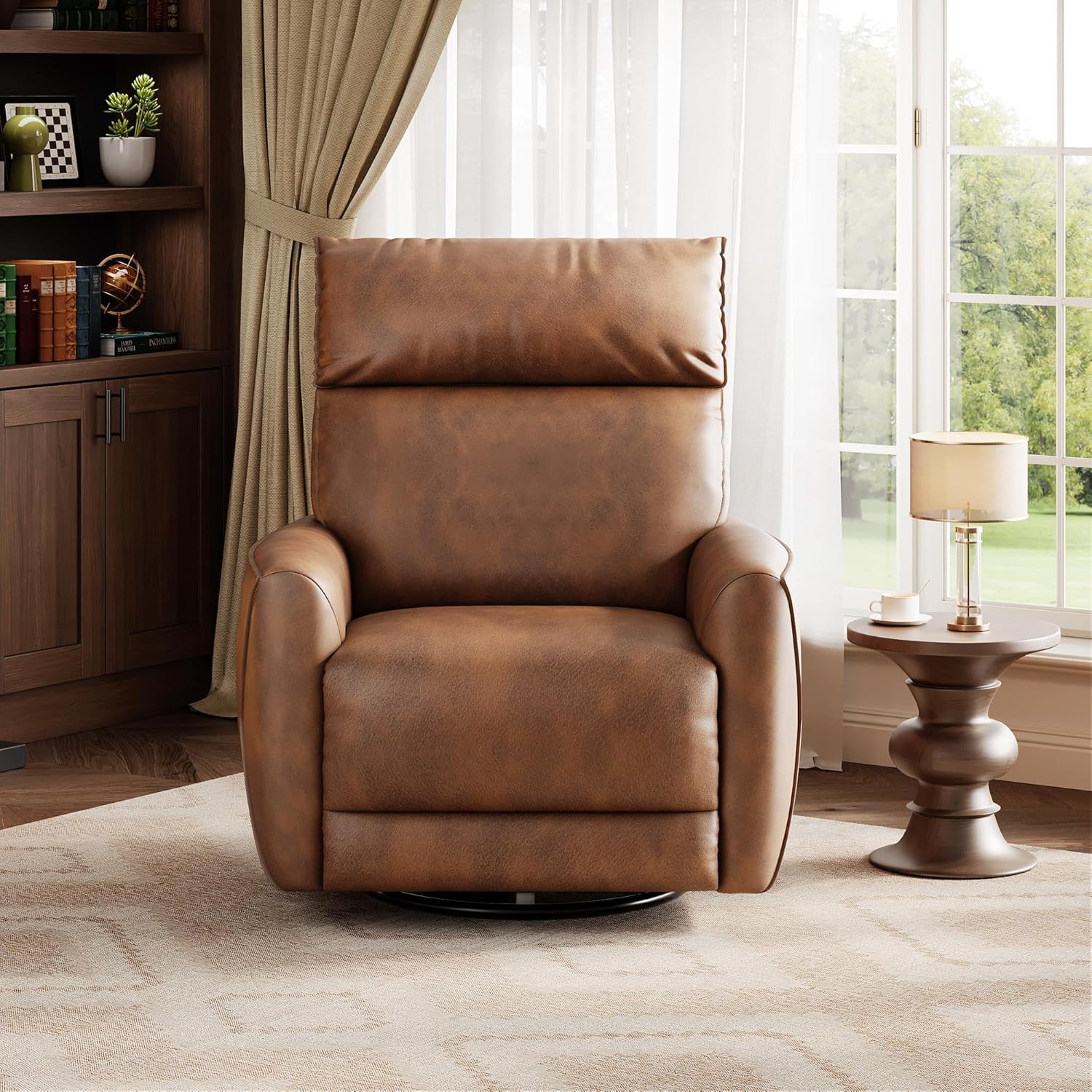 Power Recliner Chair, 270° Swivel Glider with USB Charging Port, Large PU Leather Seat, Wide 22.4', Ergonomic High Back for Living Room, Nursery (Power Walnut)